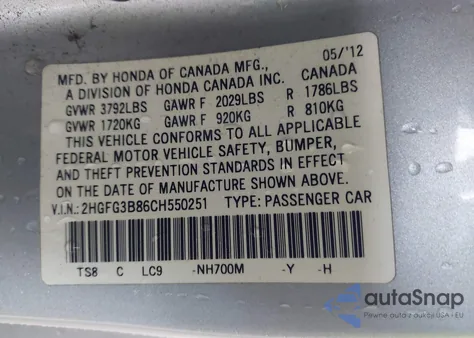 2012 Honda Civic Ex из США, поврежденный, VIN 2HGFG3B86CH550251